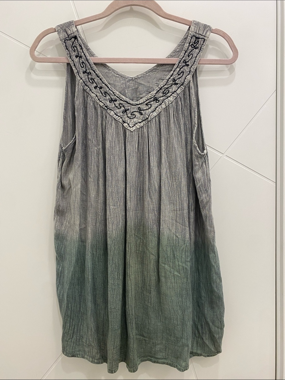 Free Size Gray Green Ombre Tank Top Flowy Hand Dyed Bohemian Neutral